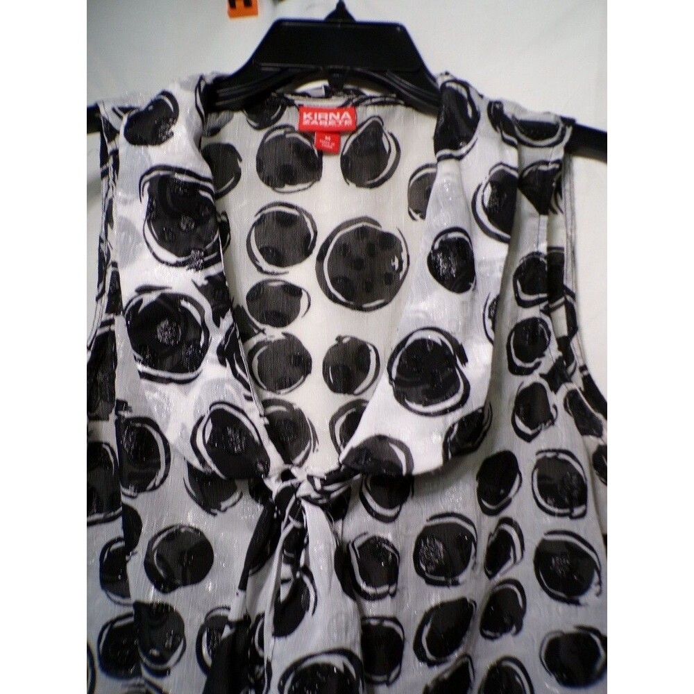 Kirna Zabete Women's Medium Sleeveless Blouse Black White Circle Print Bow - Picture 2 of 4